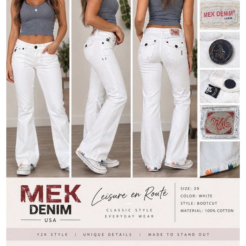 MEK Denim Women’s White Bootcut Jeans Size 29 Embroidered Hem Y2K